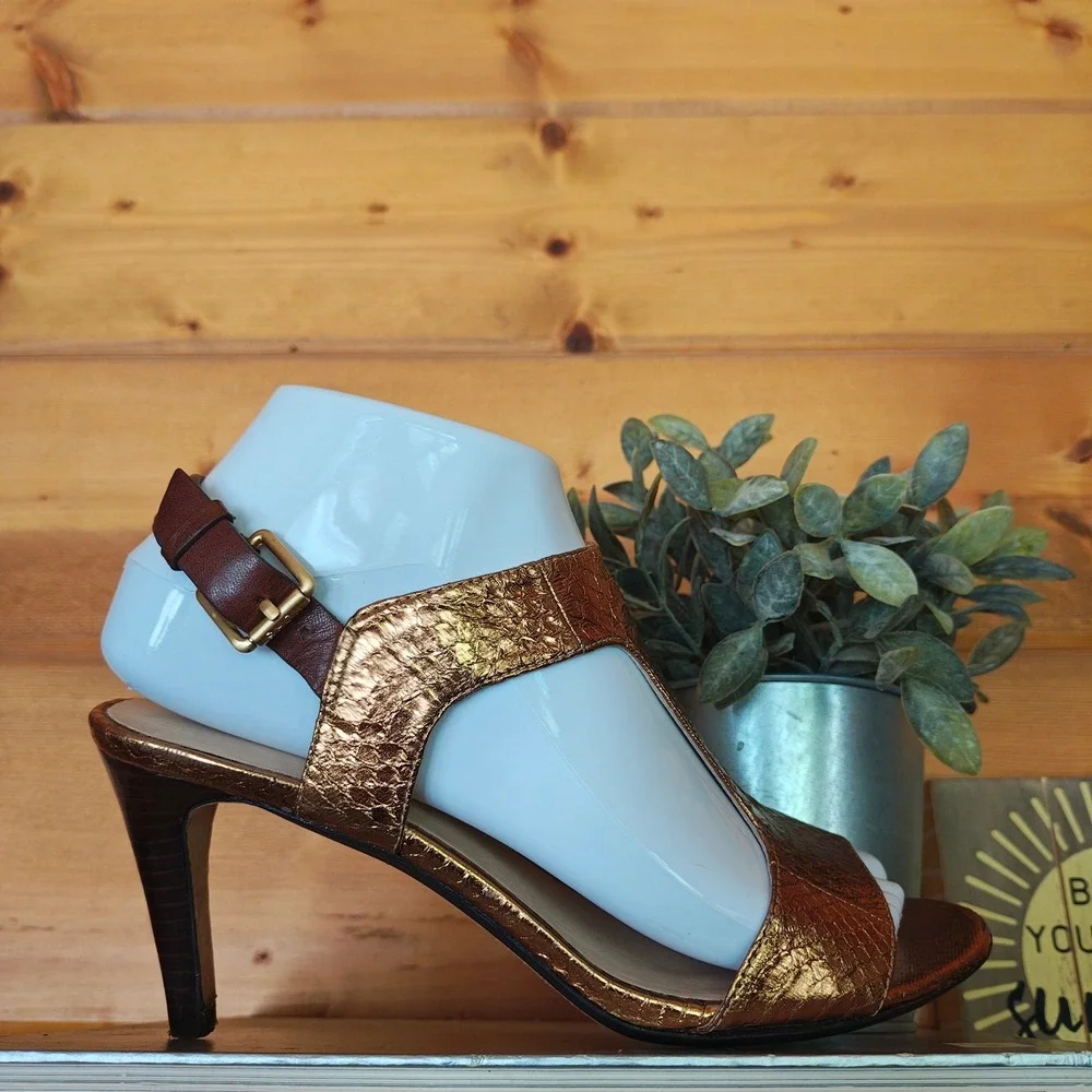 Michael Kors Gold Leather Snakeskin TStrap Heeled Sandals Open Toe Shoes Sz 6.5M